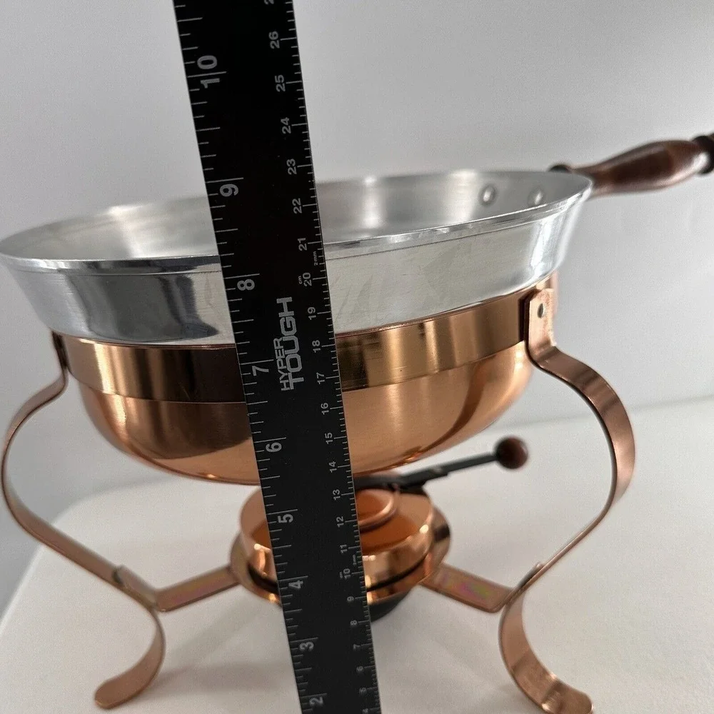 Iron and Copper Chafing‎ Dish Fondue Pan Set Wooden Handle Lightweight No Lid